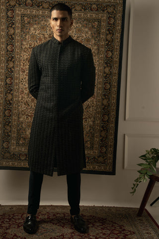 Black silk embroidery sherwani set