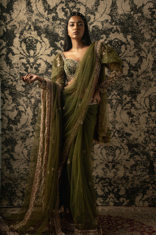 Olive green net saree set