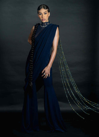 Midnight blue pant saree set