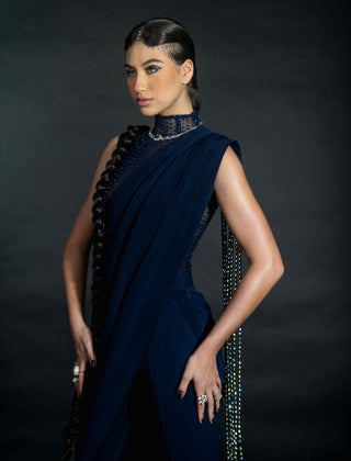 Midnight blue pant saree set