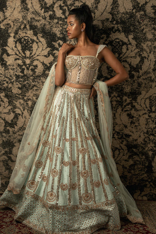 Mint green raw silk lehenga set