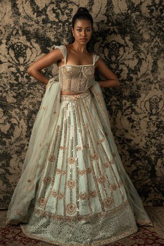 Mint green raw silk lehenga set