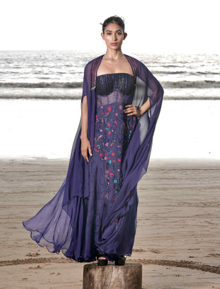 Blue embroidered gown and cape