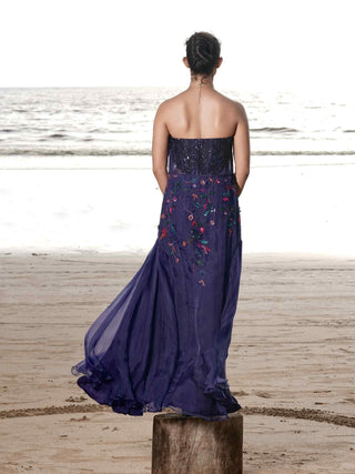 Blue embroidered gown and cape