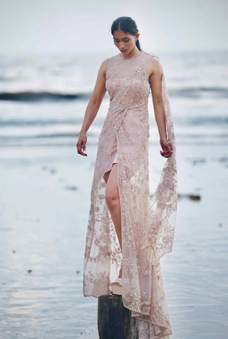 Pink embroidered tulle draped gown