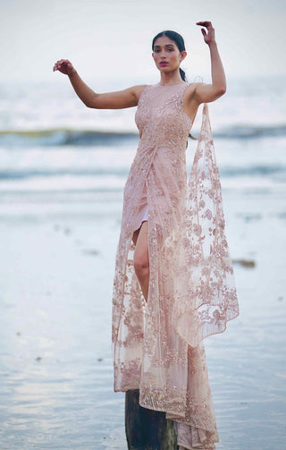 Pink embroidered tulle draped gown