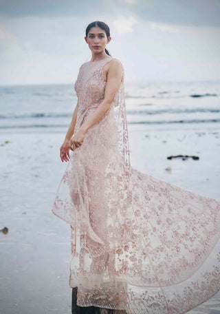 Pink embroidered tulle draped gown