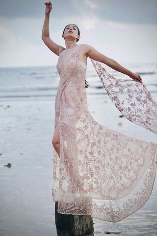 Pink embroidered tulle draped gown