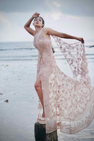 Pink embroidered tulle draped gown