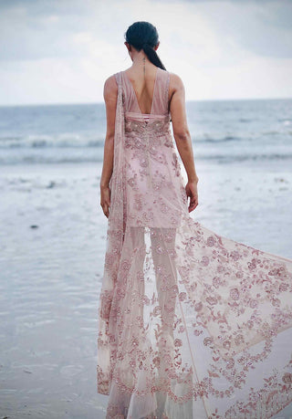 Pink embroidered tulle draped gown