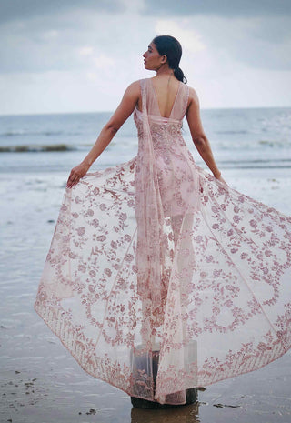 Pink embroidered tulle draped gown