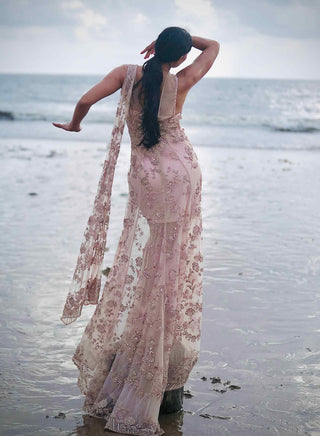 Pink embroidered tulle draped gown