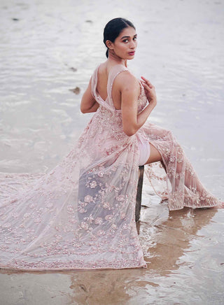 Pink embroidered tulle draped gown