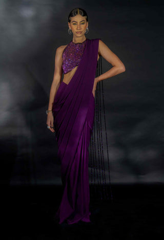 Purple beaded blouse and saree