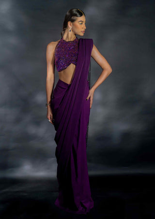 Purple beaded blouse and saree