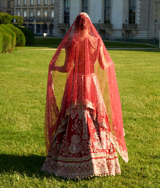 Red embroidery silk lehenga set