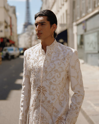 White and gold sherwani set