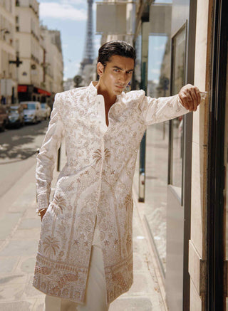 White and gold sherwani set