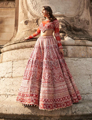 Red carnelian full sleeved lehenga set