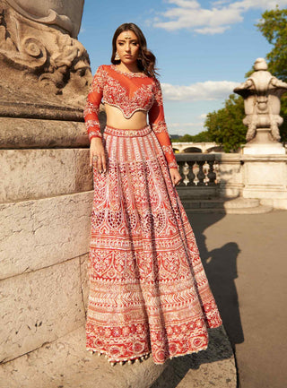 Red carnelian full sleeved lehenga set