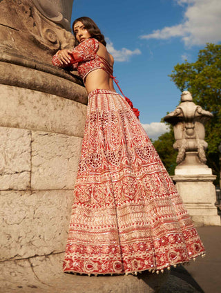 Red carnelian full sleeved lehenga set