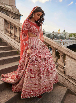 Red carnelian full sleeved lehenga set