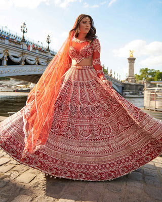 Red carnelian full sleeved lehenga set