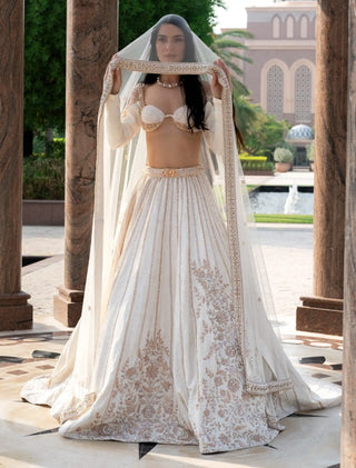 Pearl-fection white trail lehenga set