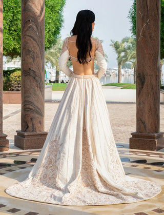 Pearl-fection white trail lehenga set