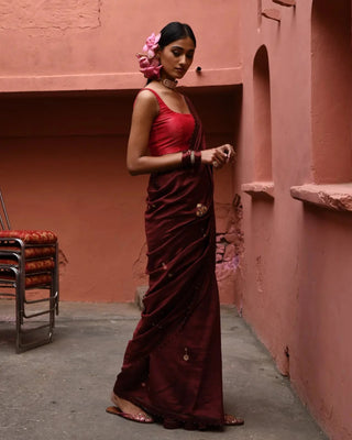 Mahogany hand embroidered saree with vermillion blouse