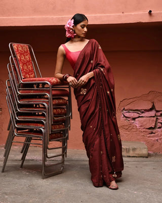 Mahogany hand embroidered saree with vermillion blouse