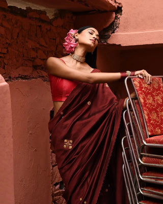 Mahogany hand embroidered saree with vermillion blouse