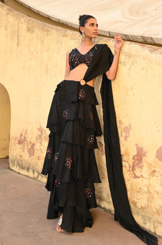 Opia black ruffled sari and blouse