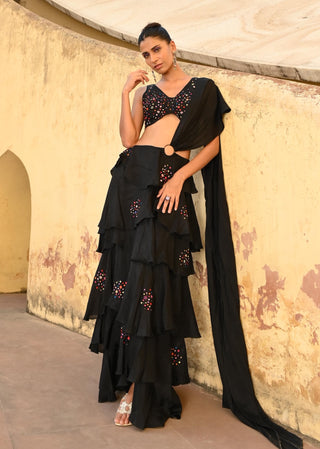 Opia black ruffled sari and blouse