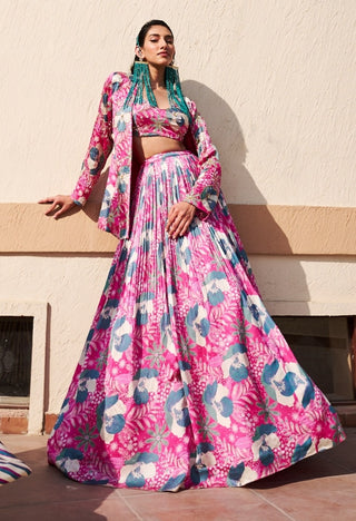 Pink-green printed jacket and lehenga set