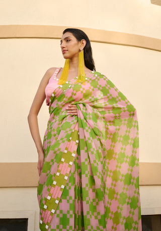 Light pink-green embroidered saree and blouse