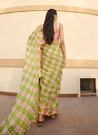 Light pink-green embroidered saree and blouse