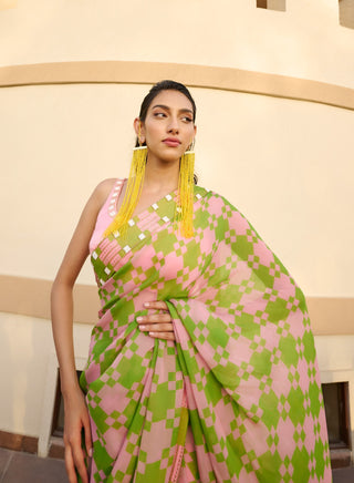 Light pink-green embroidered saree and blouse