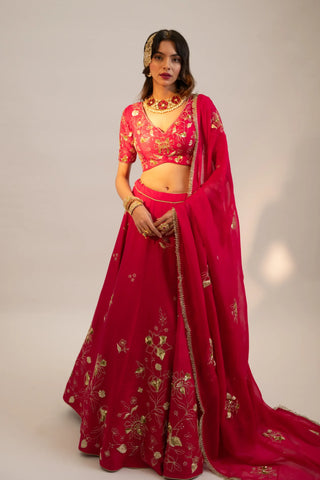 Pink embroidered lehenga, blouse paired with embroidered dupatta