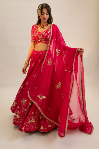 Pink embroidered lehenga, blouse paired with embroidered dupatta