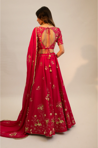 Pink embroidered lehenga, blouse paired with embroidered dupatta