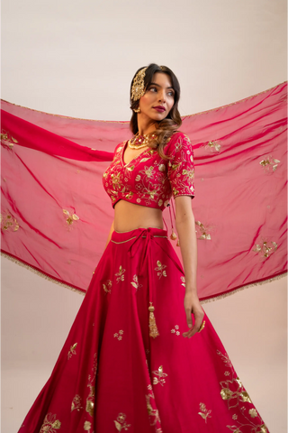 Pink embroidered lehenga, blouse paired with embroidered dupatta