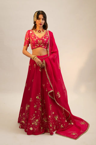 Pink embroidered lehenga, blouse paired with embroidered dupatta