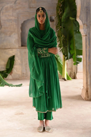 Green gather angrakha set