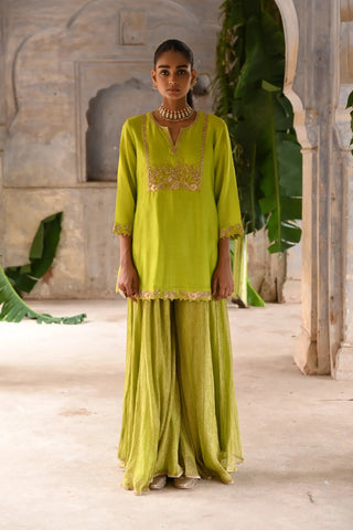 Green hand embrodiered short kurta set