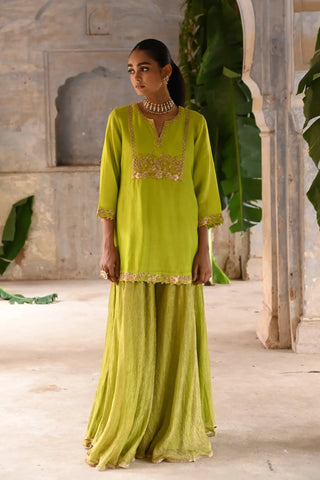 Green hand embrodiered short kurta set