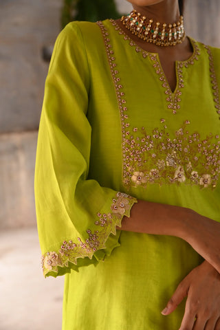 Green hand embrodiered short kurta set