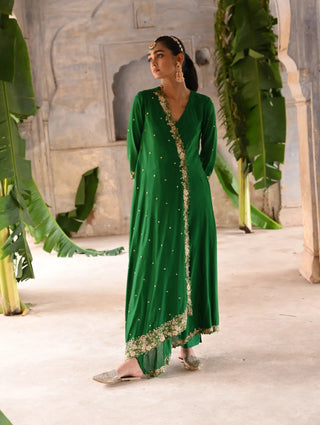 Green cross over kurta set