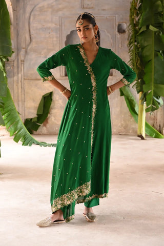 Green cross over kurta set