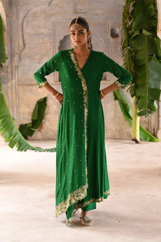 Green cross over kurta set